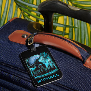 Cool Blue Howling Wolf Moon Forest Personalised Luggage Tag