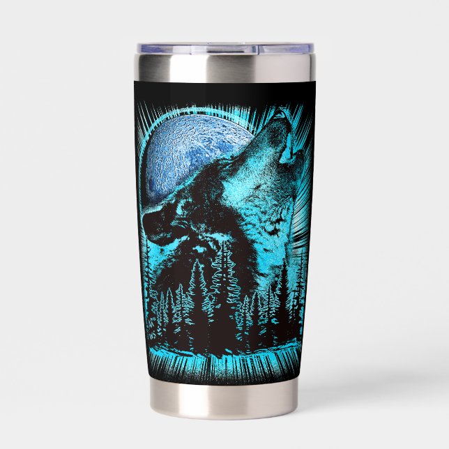 Cool Blue Howling Wolf Moon Pine Forest Cool Insulated Tumbler (Front)