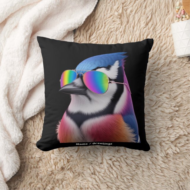 Cool Blue Jay Bird Wearing Sunglasses Retro Throw Pillow (Blanket)