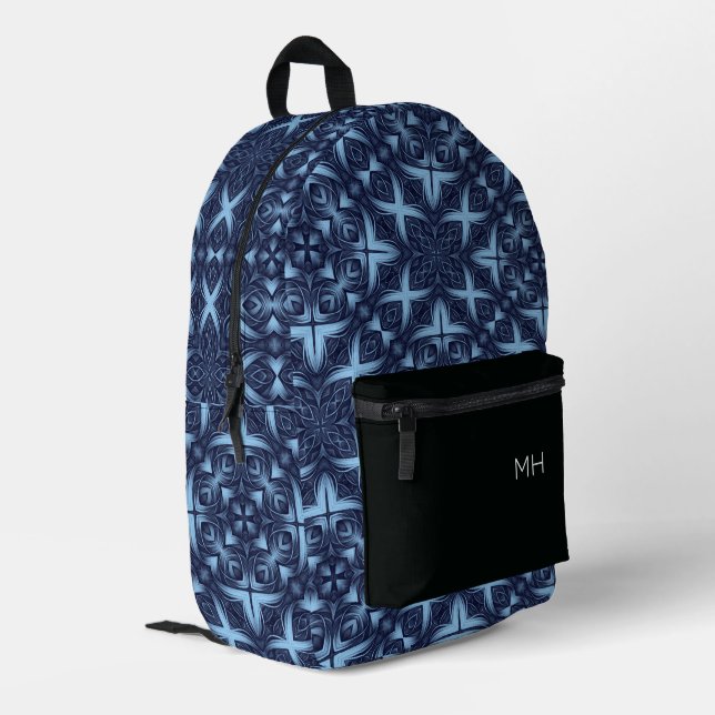 Cool Blue Mandala Pattern Monogram Initials Printed Backpack (Back Corner Left)