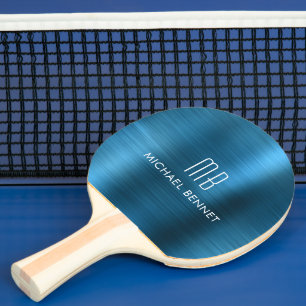 Cool Blue Metallic Monogram Name Ping Pong Paddle