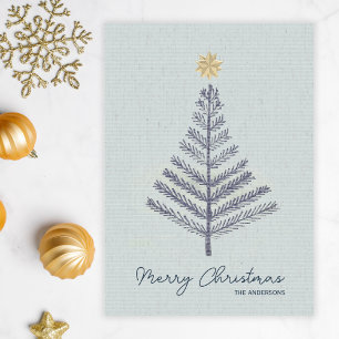 Cool Blue Minimalist Hand Drawn Tree Christmas  Holiday Card
