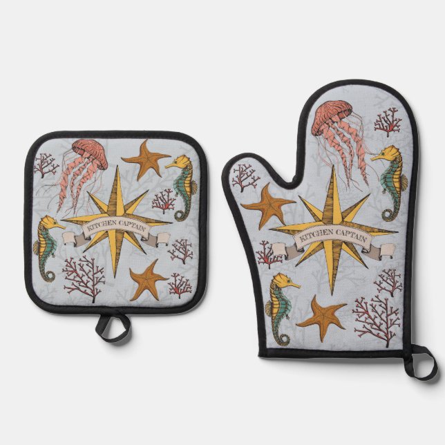Cool Blue Nautical Kitchen Captain Sea Life Oven Mitt & Pot Holder Set (Front)