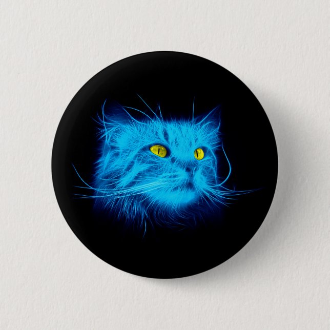 Cool Blue Neon Cat Art - Glowing Animal Design 2 Inch Round Button (Front)