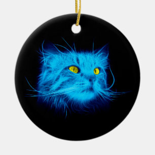 Cool Blue Neon Cat Art - Glowing Animal Design Ceramic Ornament