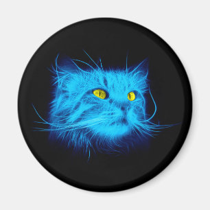 Cool Blue Neon Cat Art - Glowing Animal Design Magnet
