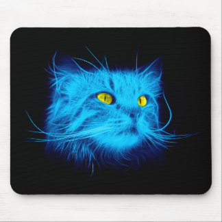 Cool Blue Neon Cat Art - Glowing Animal Design Mouse Pad