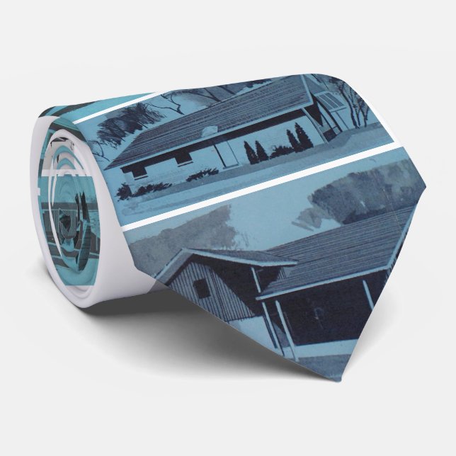 Cool Blue Novelty Retro Modern Houses Tie (Rolled)