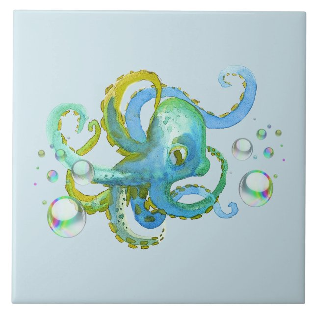 Cool Blue Octopus Nautical Under the Sea Tile (Front)