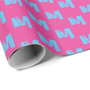 Cool Blue Paint Trail Monogram on Hot Pink Wrapping Paper