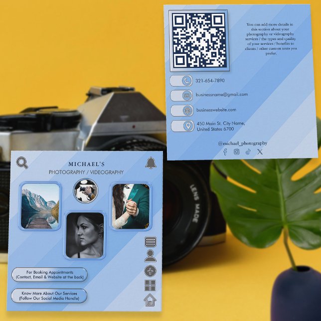 Cool Blue Photography & Videography Custom QR Code Square Business Card (Creator Uploaded)