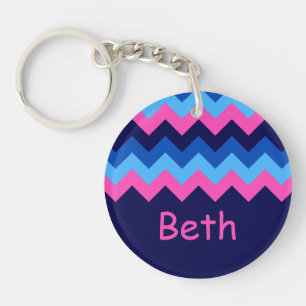 Cool Blue Pink Chevron Monogram Circle Keychain