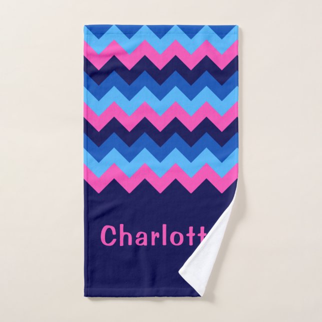 Cool Blue Pink Chevron Monogram Hand Towel (Hand Towel)