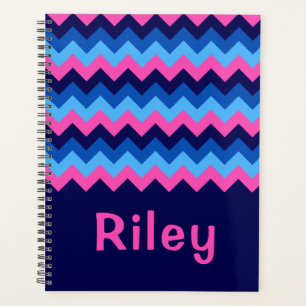Cool Blue Pink Chevron Monogram Planner