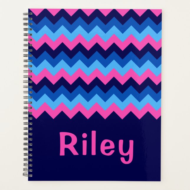Cool Blue Pink Chevron Monogram Planner (Front)
