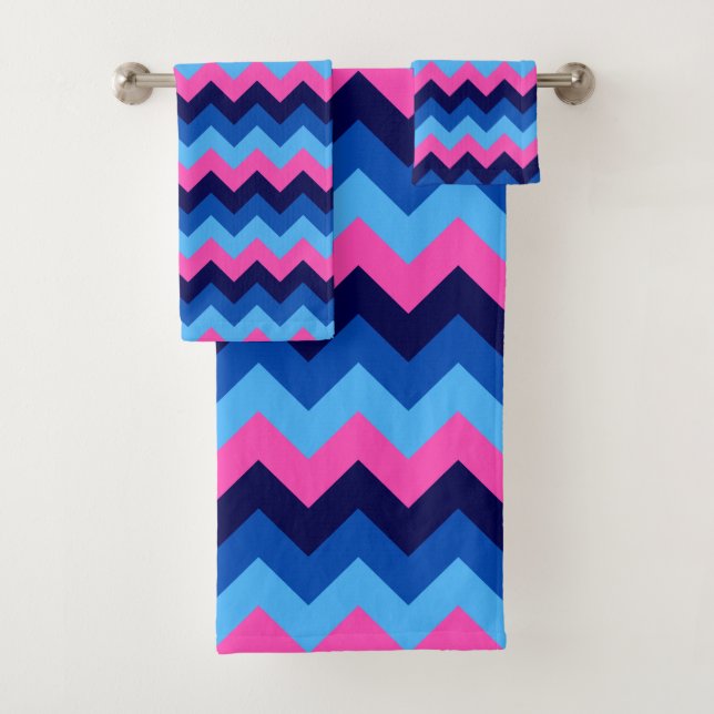 Cool Blue Pink Chevron Pattern Bath Towel Set (Insitu)