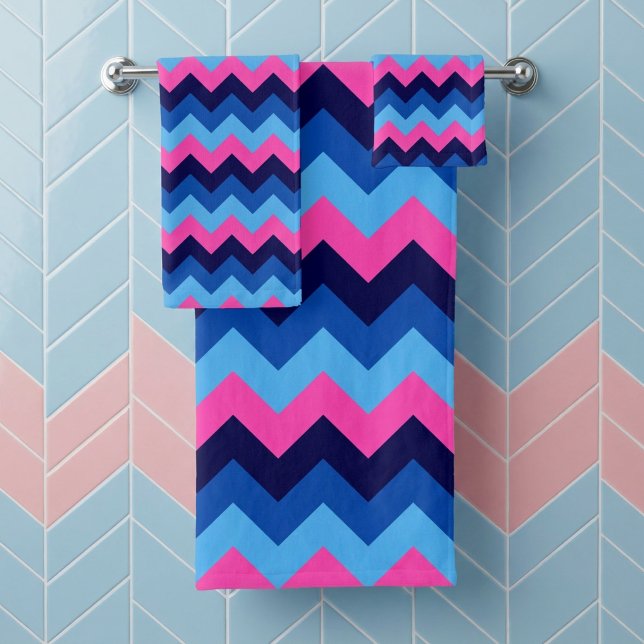 Cool Blue Pink Chevron Pattern Bath Towel Set (Cool Blue Pink Chevron Pattern Bath Towel Set hanging on towel rack in a bathroom.)