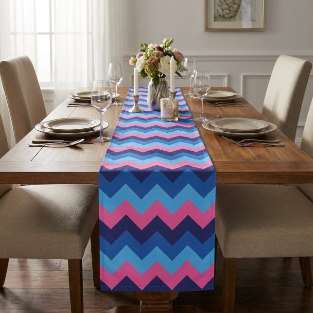 Cool Blue Pink Chevron Pattern Large Table Runner (Cool Blue Pink Chevron Pattern Large Table Runner covering a table in a dining room.)