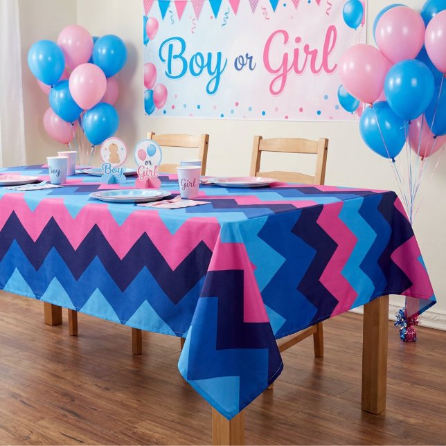 Cool Blue Pink Chevron Pattern Medium Tablecloth (Cool Blue Pink Chevron Pattern Medium Tablecloth covering a table at a gender reveal party.)