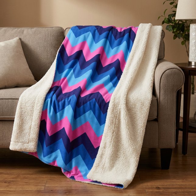 Cool Blue Pink Chevrons Large Sherpa Blanket (Cool Blue Pink Chevrons Large Sherpa Blanket draped on sofa in a living room.)