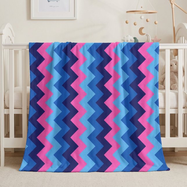 Cool Blue Pink Chevrons Medium Fleece Blanket (Cool Blue Pink Chevrons Medium Fleece Blanket draped over the side of a baby crib in nursery.)