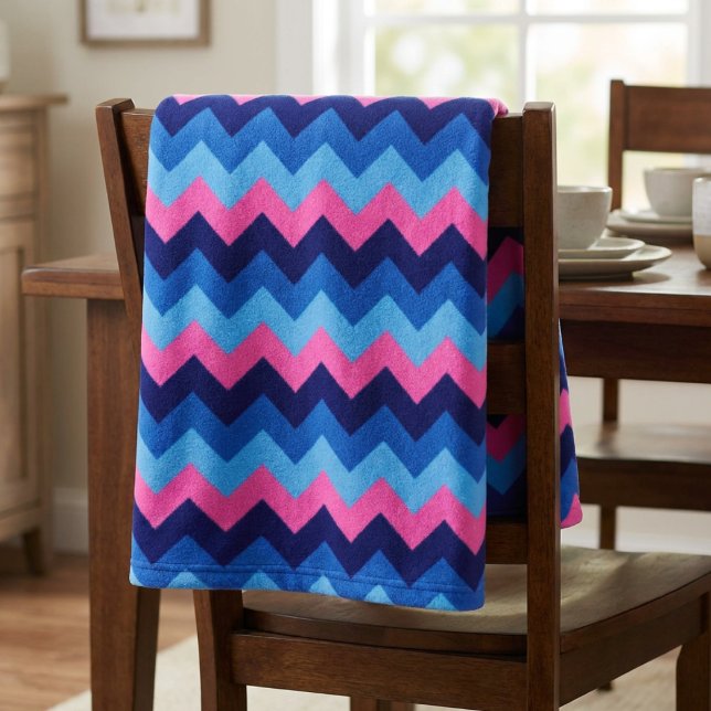 Cool Blue Pink Chevrons Small Fleece Blanket (Cool Blue Pink Chevrons Small Fleece Blanket draped on back of chair )