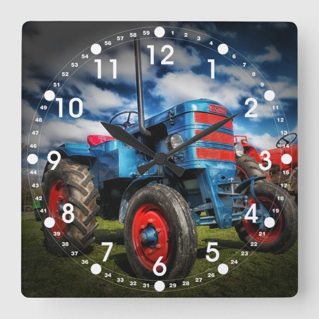 Cool Blue Red Antique Tractor Gifts for Farmers Square Wall Clock (Front)