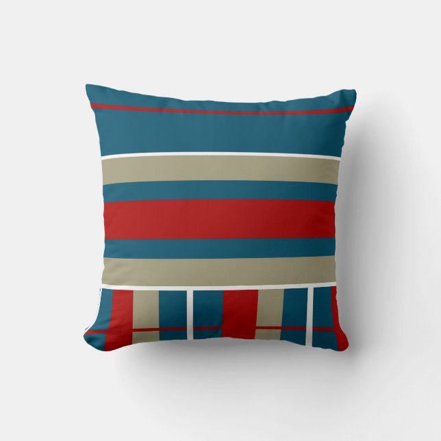 Cool Blue Red Tan White Striped Pattern Nautical Throw Pillow (Front)