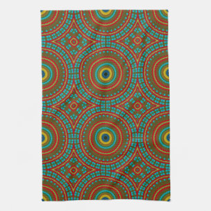Cool Blue Red Yellow Retro Geometric Ethnic Tribal Kitchen Towel