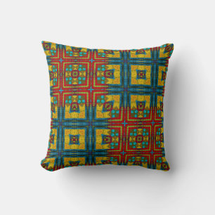 Cool Blue Red Yellow Retro Geometric Ethnic Tribal Throw Pillow