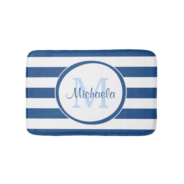 Cool Blue Rugby Stripes With Name and Monogram Bath Mat (Front)