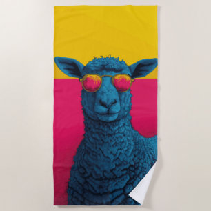 Cool Blue Sheep with Retro Sunglasses Beach Towel