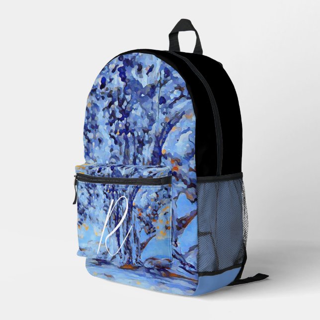Cool Blue Snow Tree Painting Monogrammed Printed Backpack (Back Corner Right)