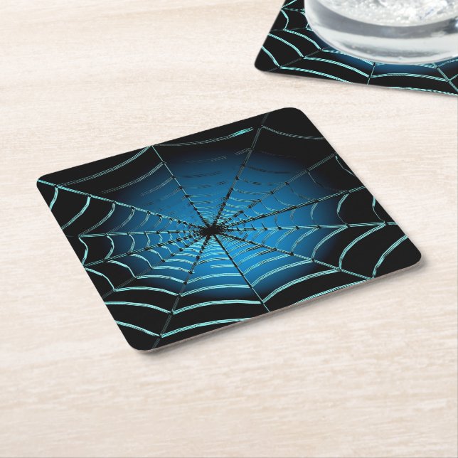 Cool Blue Spider Web Square Paper Coaster (Angled)