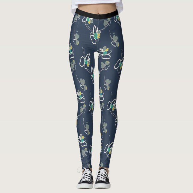 Cool Blue Spring Floral Pattern Leggings (Front)