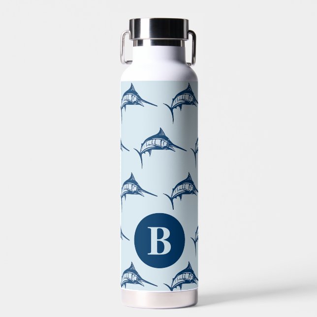 Cool Blue Swordfish Pattern Monogram Water Bottle (Front)