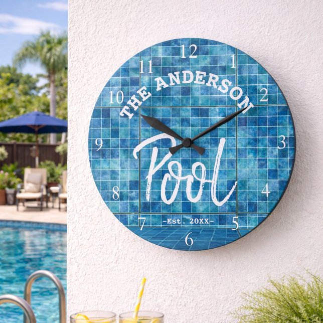 Cool Blue Tile Swimming Pool Family Name Custom La Large Clock (Creator Uploaded)