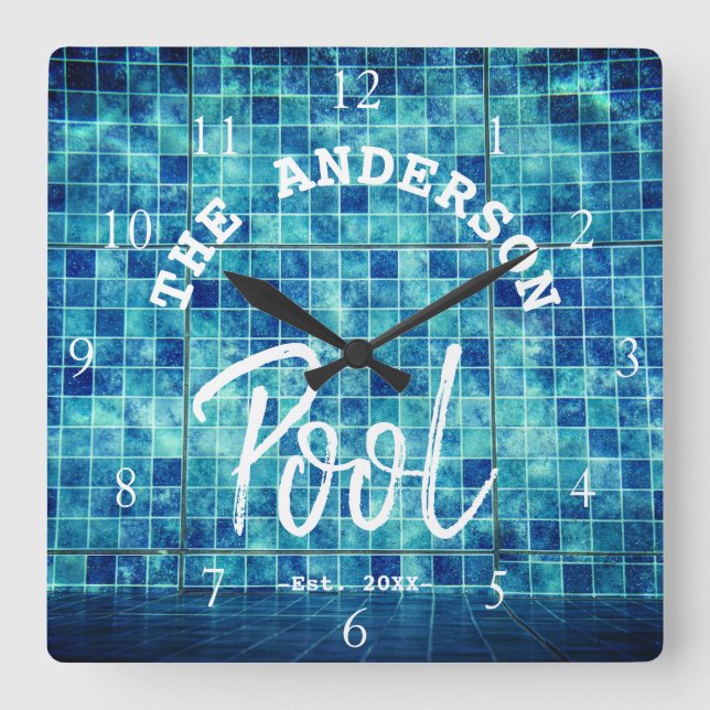 Cool Blue Tile Swimming Pool Family Name Custom La Square Wall Clock (Front)