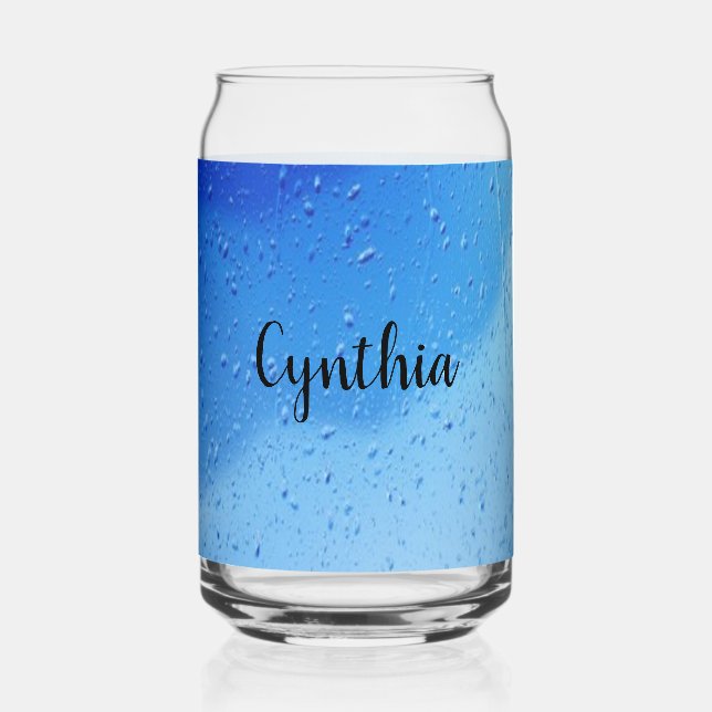 Cool blue water drops personalized can glass (Front)