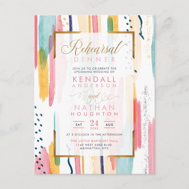 Cool Blue Watercolor Memphis Chic Rehearsal Dinner Invitation Postcard (Front)