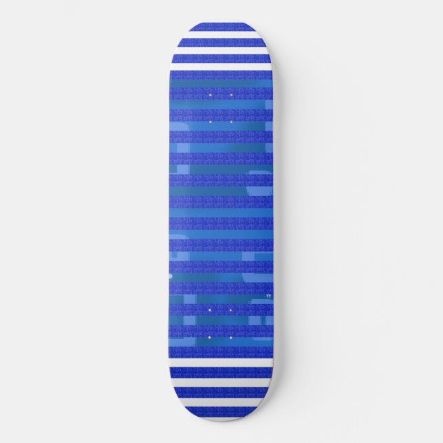 Cool Blue White Geometric Stripes Skateboard (Front)