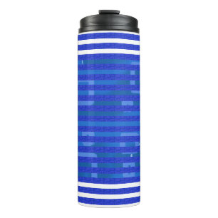 Cool Blue White Geometric Stripes Thermal Tumbler