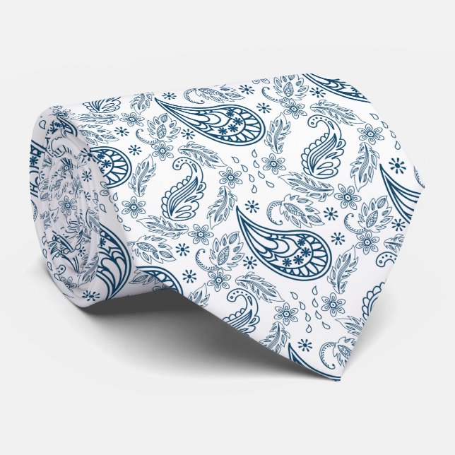 cool blue white paisley tiled pattern neck tie (Rolled)