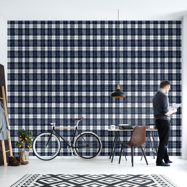 Cool Blue white plaid tiled pattern  Wallpaper (Living Room)