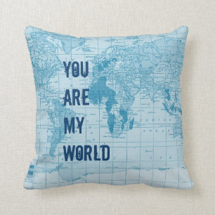 Cool Blue World Map Pillow