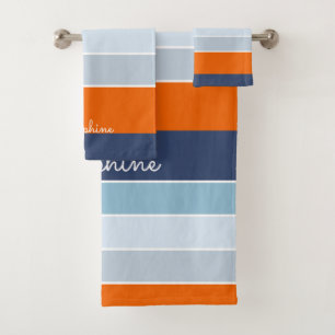 Cool blues and orange stripes custom name bath towel set