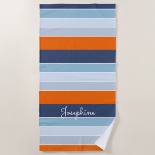 Cool blues and orange stripes custom name beach towel