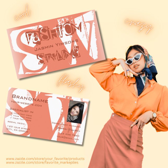 Cool Blush Red White with Photo and Monogram Business Card (Creator Uploaded)