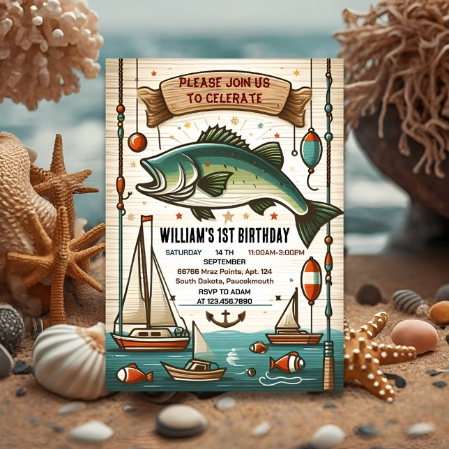 cool boat cute boy Fish ofishally one 1st Birthday Invitation (Creator Uploaded)