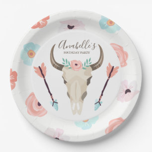 Cool Boho Floral Cow Skull Paper Plate